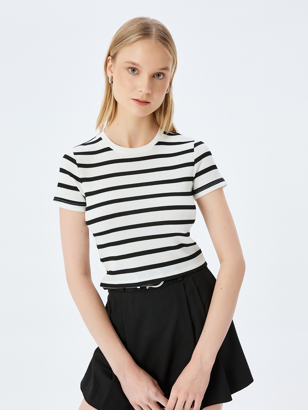 

Koton Women Striped Round Neck Slim Fit T-shirt, White