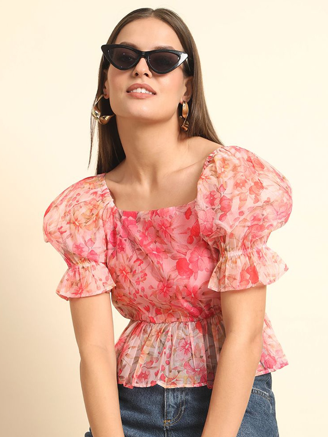 

BAESD Floral Printed Bell Sleeve Peplum Crop Top, Pink