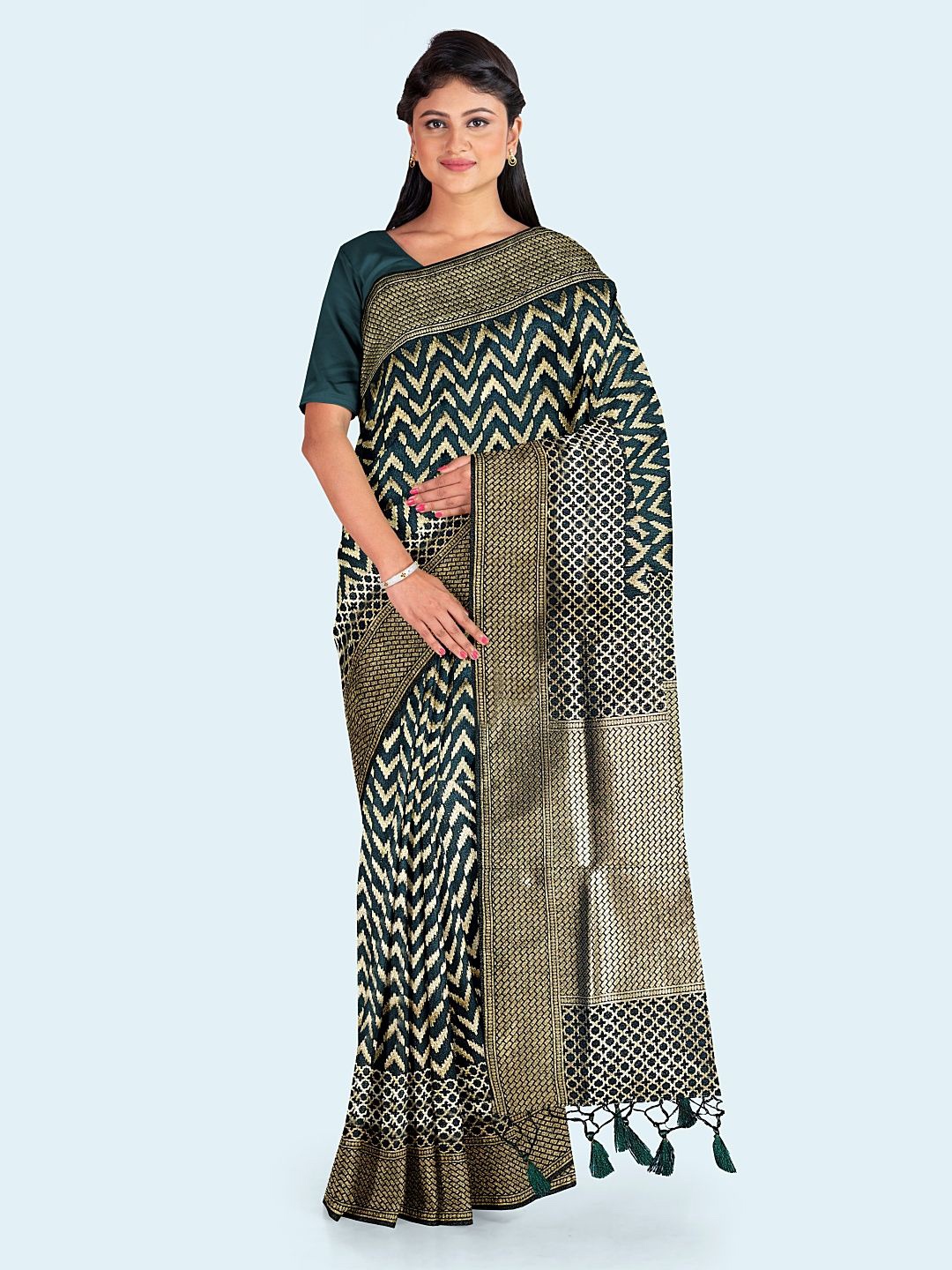 

Meena Bazaar Geometric Woven Design Art Silk Saree, Green
