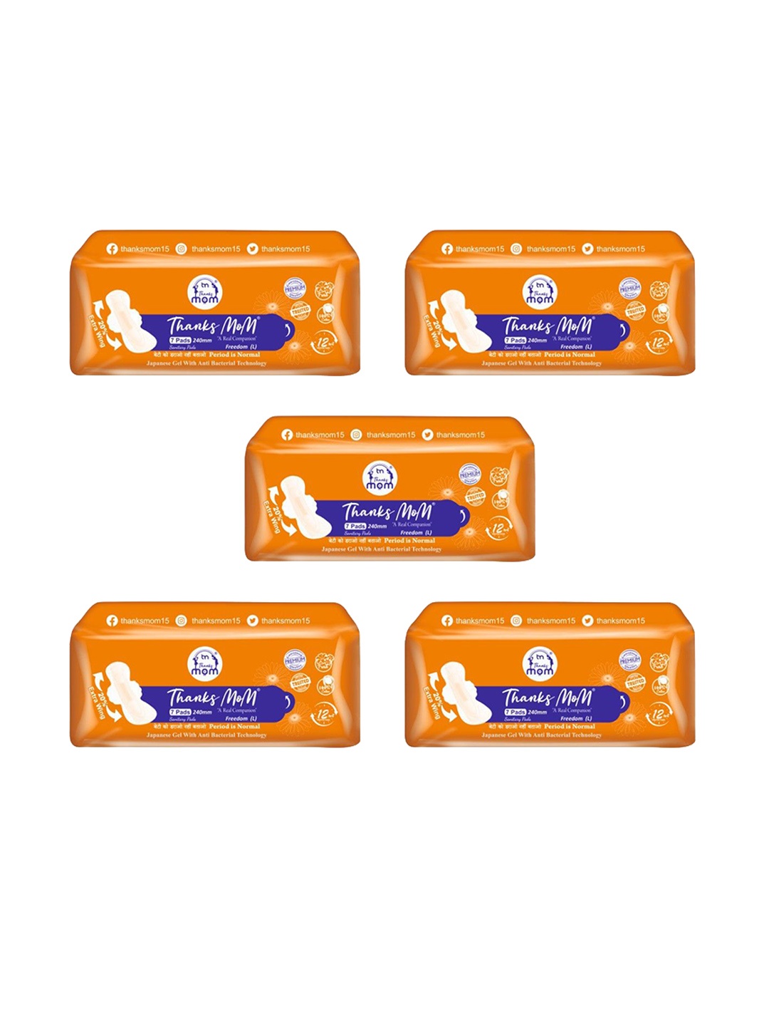 

THANKS MOM Pack Of 5 Freedom Leakproof Soft Cotton Pads - L -7 Pads Each, White