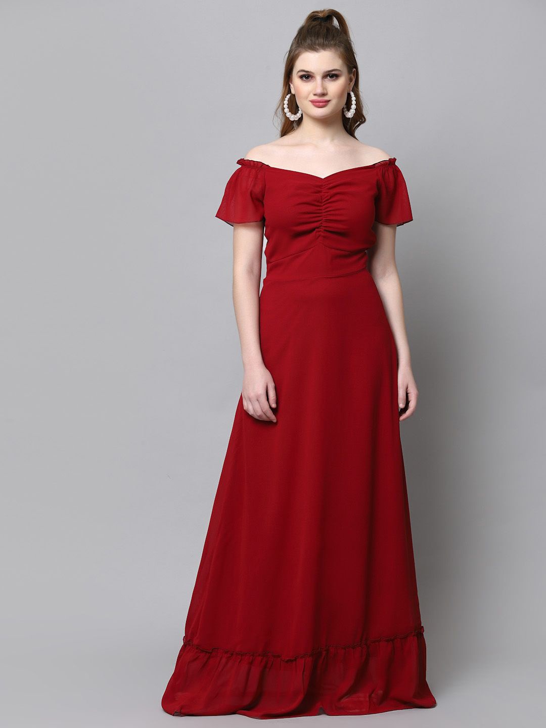 

BAESD Georgette Smocked Off-Shoulder Ruched Maxi Dress, Red