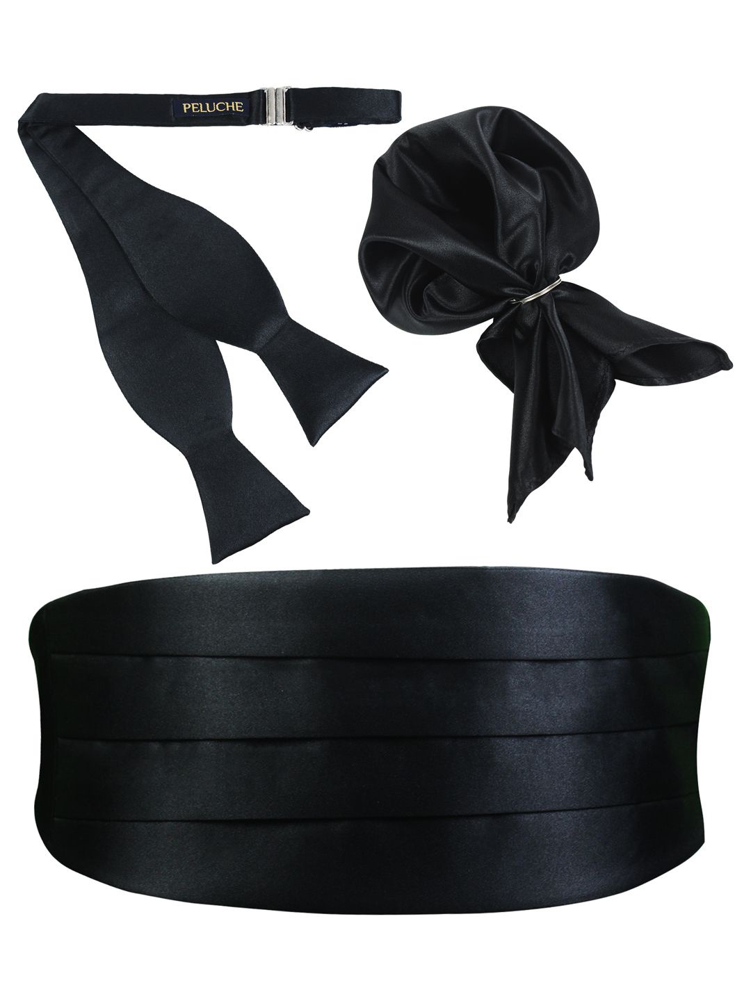

Peluche Debonair Black Cummerbund Open Bow Tie & Pocket Square Set