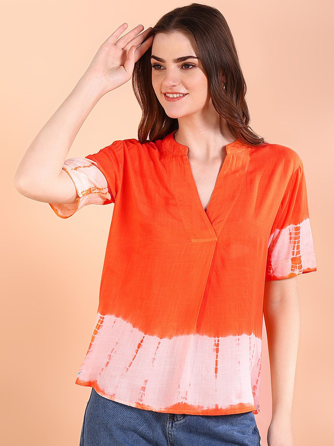 

Maaesa Women Tie and Dye Mandarin Collar Top, Orange