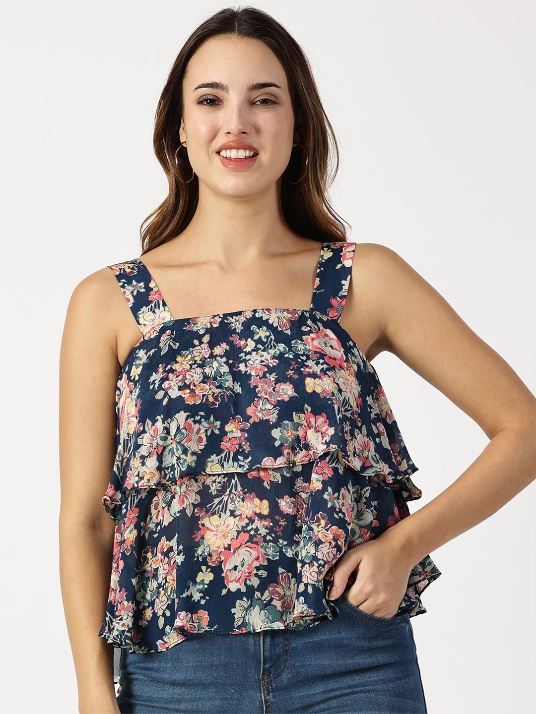 

RAVINIK Women Floral Printed Tiered Crop Top, Navy blue