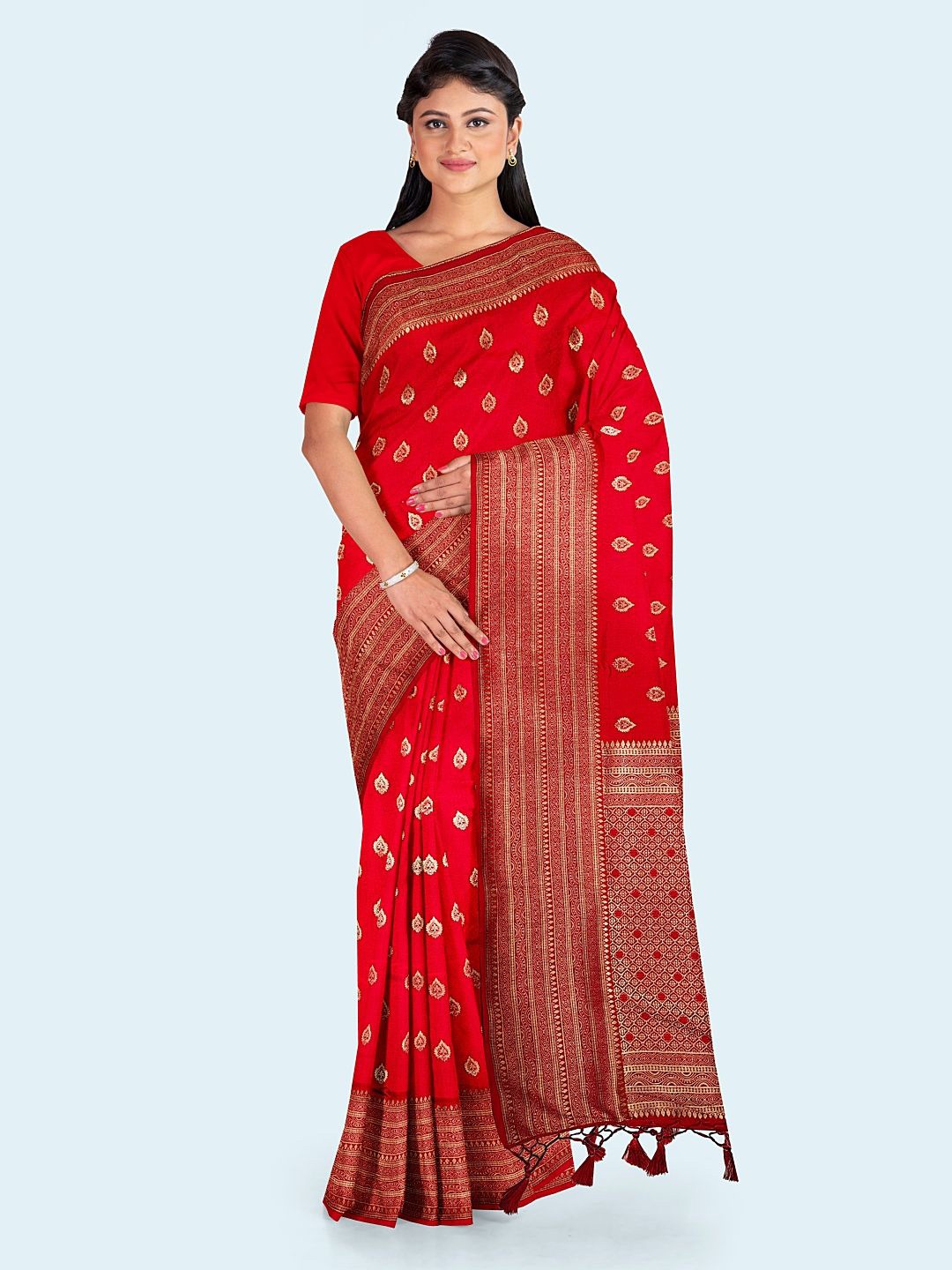 

Meena Bazaar Ethnic Motifs Woven Art Silk Saree With Unstitched Blouse Piece, Red