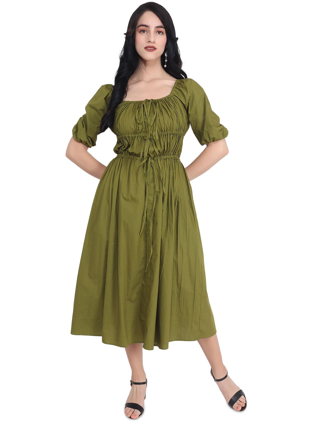 

AUDRAPE Square Neck Tie-Ups Detail Cotton Fit and Flare Midi Dress, Olive