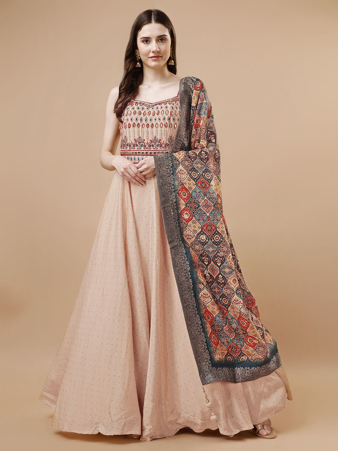 

VANAKARA Women Hand work Ethnic Motifs Gown Ethnic Dresses with printed Dupatta, Beige