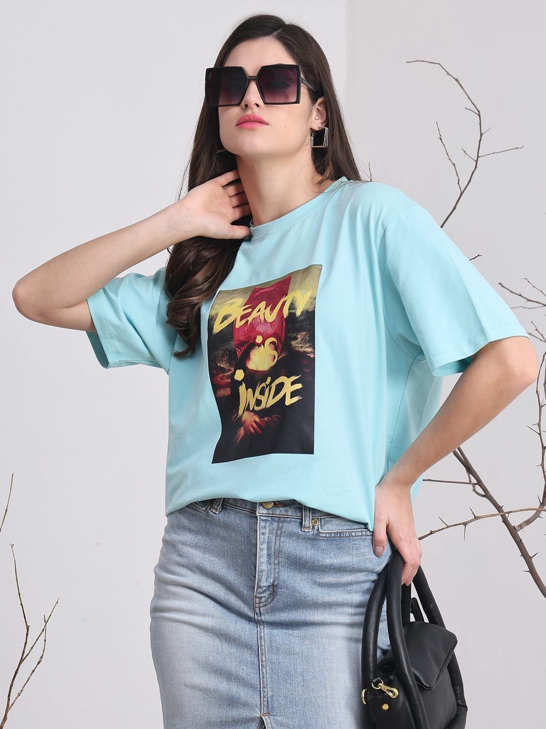 

DOOR74 Women Printed Drop-Shoulder Sleeves T-shirt, Blue