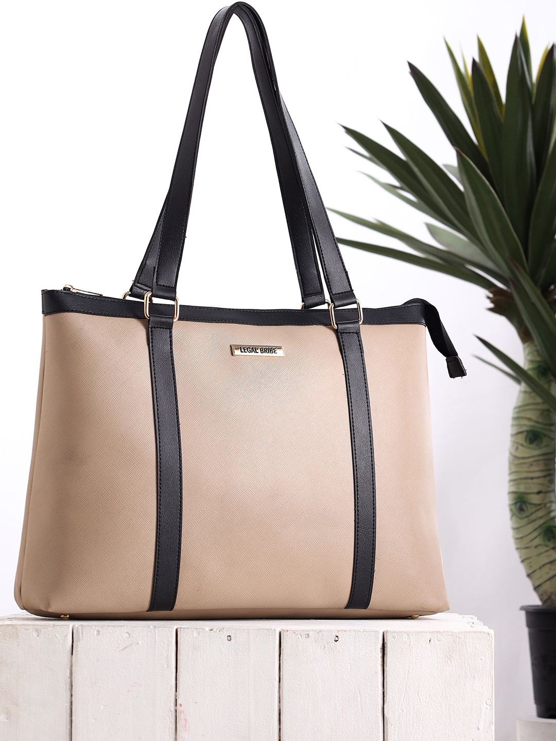 

LEGAL BRIBE PU Oversized Structured Tote Bag, Beige