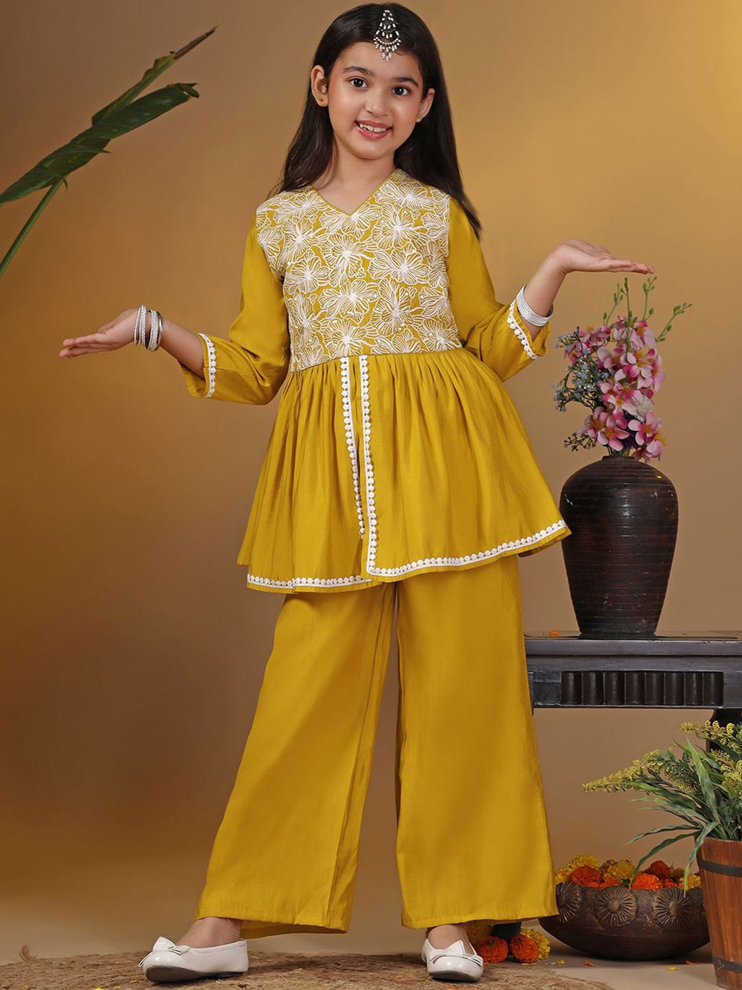 

BAESD Girls Embroidered Regular Kurti with Trousers, Mustard