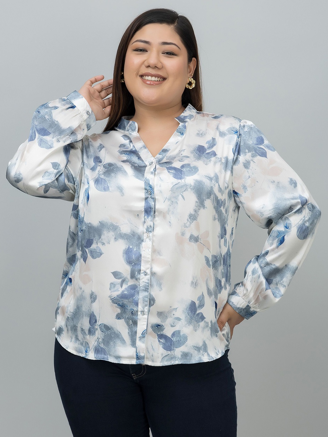 

PURYS PLUS Women Plus Size Classic Band Collar Floral Printed Satin Casual Shirt, White