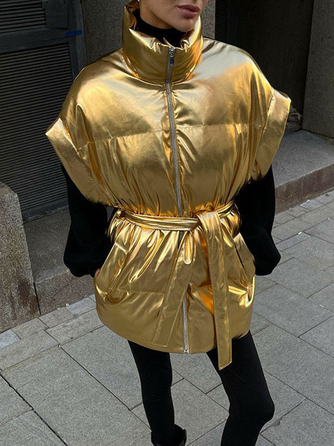 

DressBerry Women High Neck Extended Sleeves Top, Gold