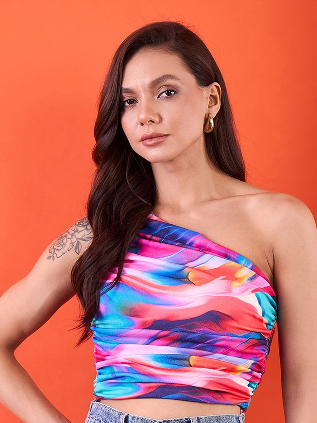 

Uptownie Printed Stretchable One Shoulder Top with Gathered Sides, Pink