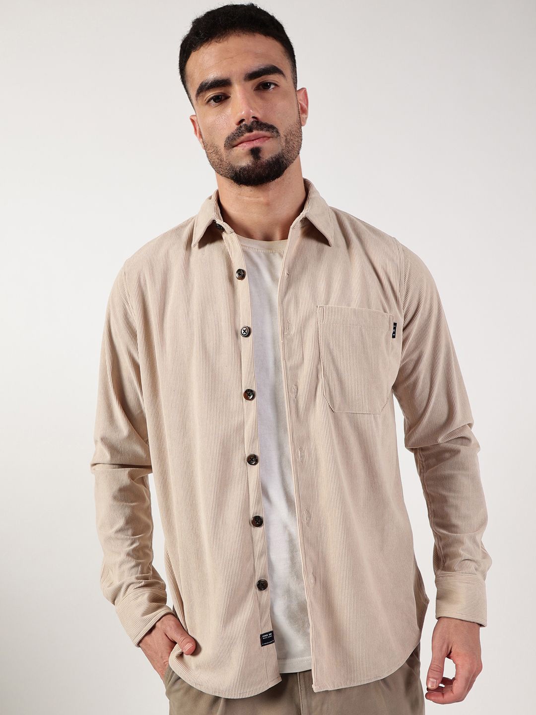 

Thomas Scott Men Premium Spread Collar Corduroy Casual Shirt, Beige
