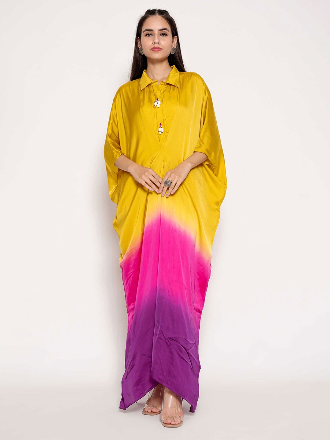 

AFFAIRE'S BY LEVELL5 Women Tie and Dye Dyed Shirt Collar Kaftan Maxi Dress, Yellow