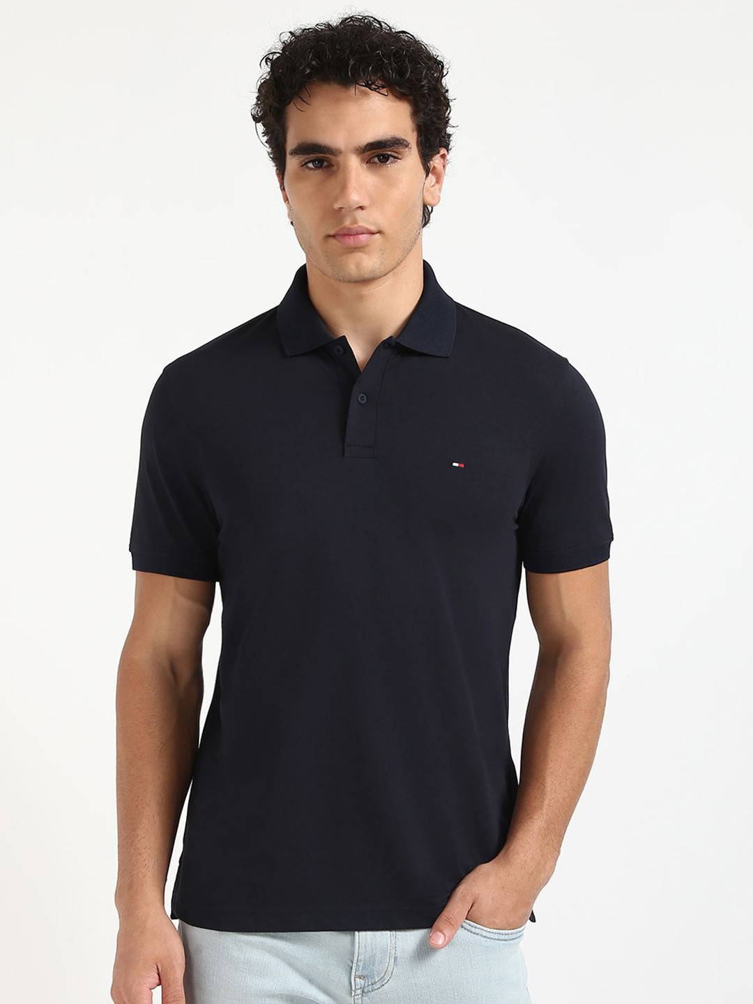 

Tommy Hilfiger Men Solid Polo Collar Cotton T-shirt, Navy blue