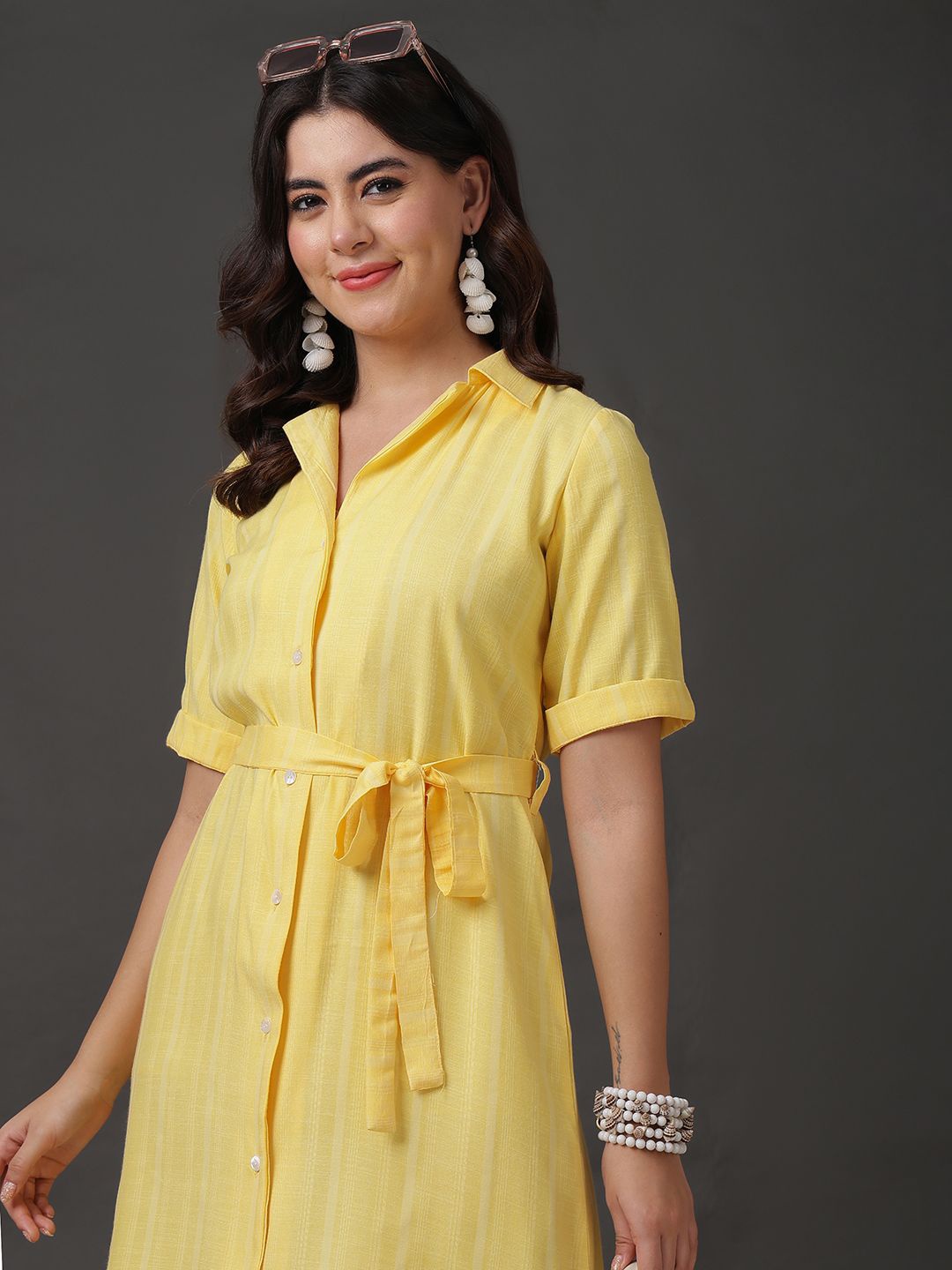 

Anouk Women Self Design Short Sleeves Shirt Dress, Yellow