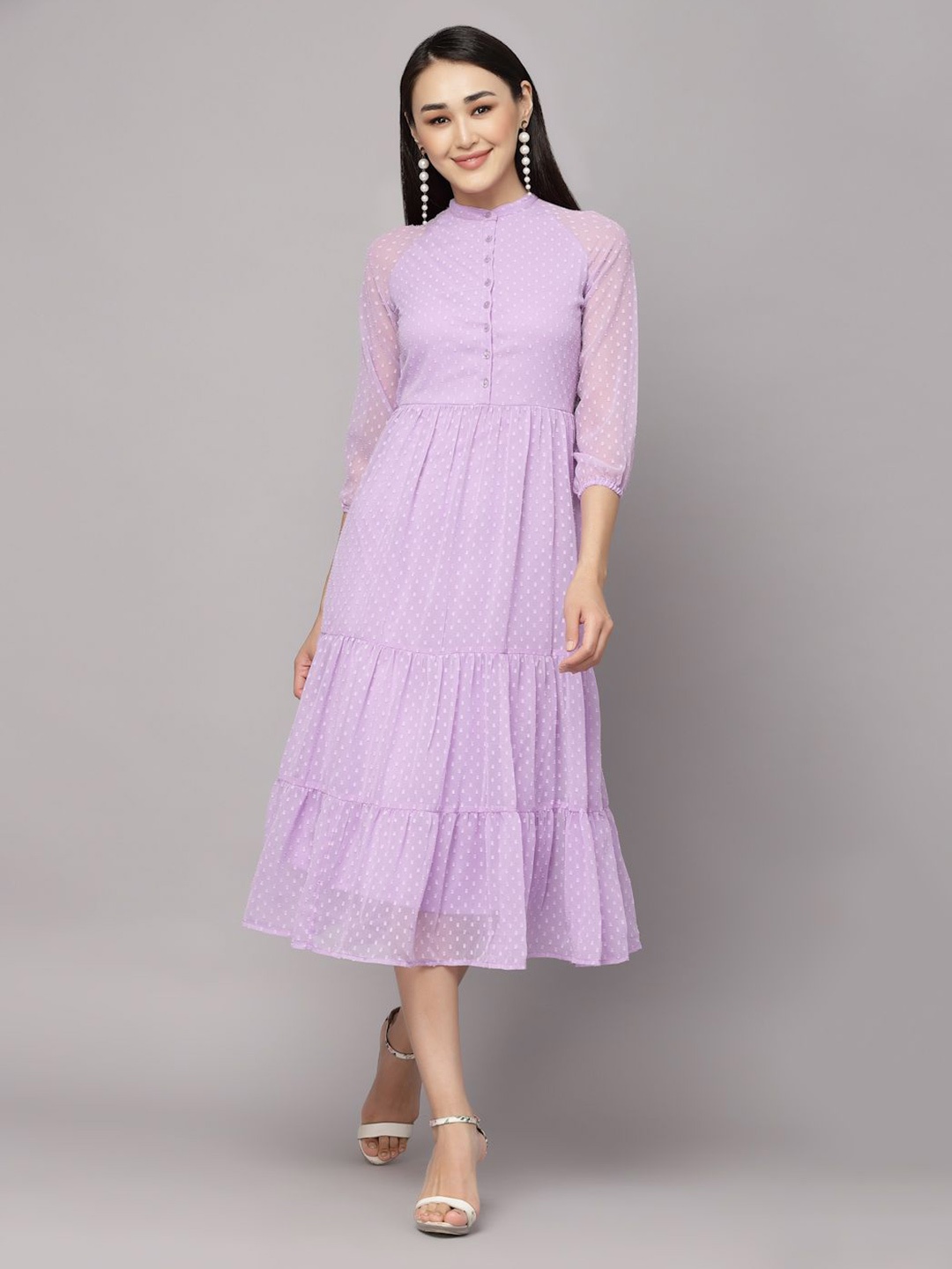 

BAESD Women Self Design Puff Sleeve Fit & Flare Midi Dress, Purple