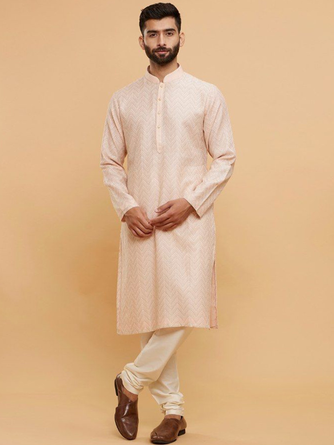 

Twamev Men Embroidered Regular Thread Work Chanderi Cotton Kurta with Churidar, Peach