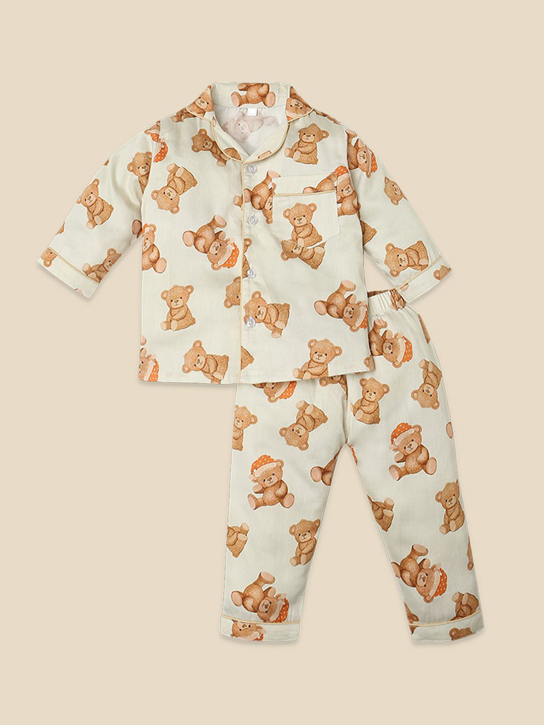 

Fancy Fluff Kids Graphic Printed Lapel Collar Night suit, Beige