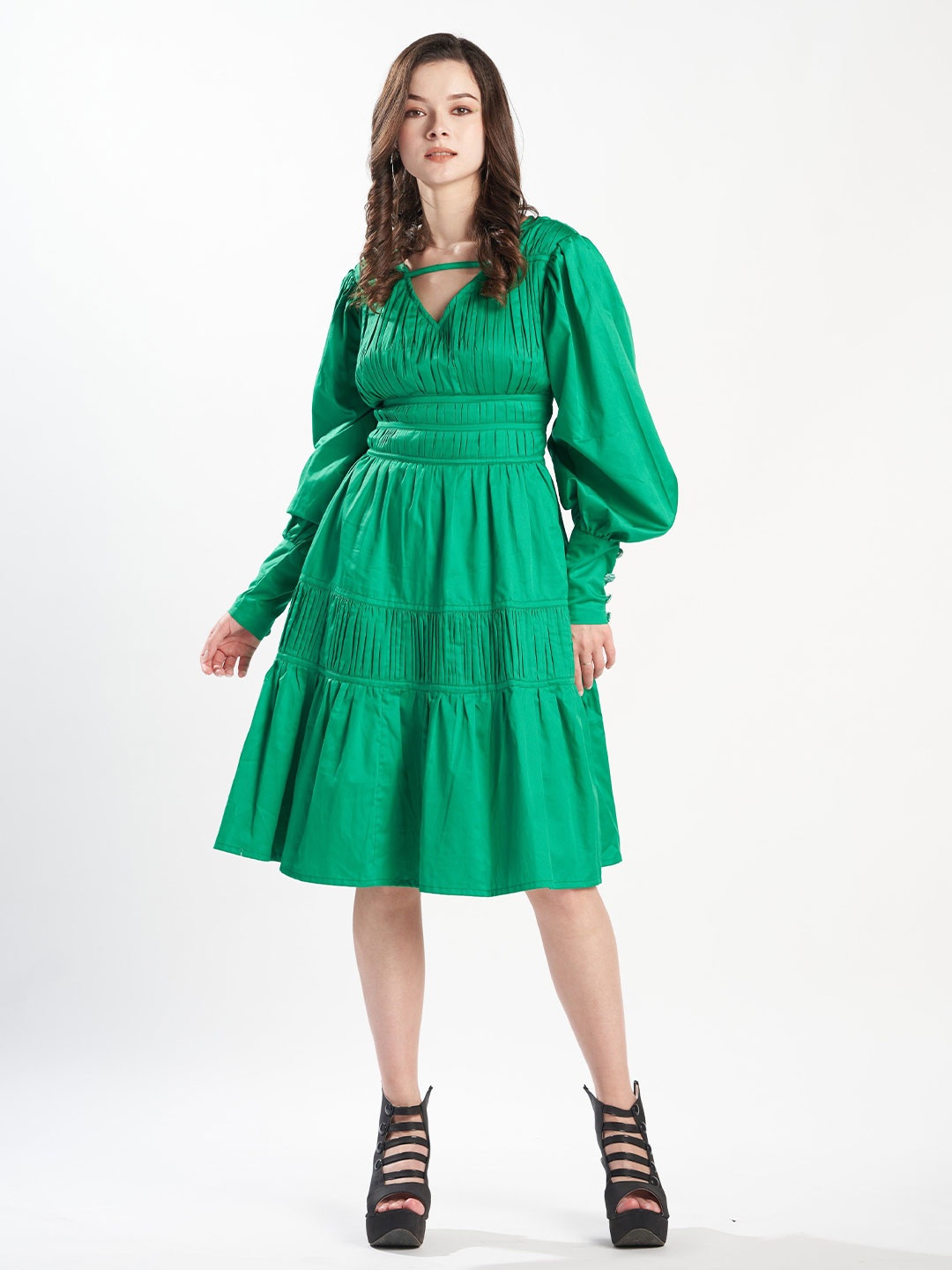 

ZILAIRE Women Puff Sleeve Fit & Flare Dress, Green