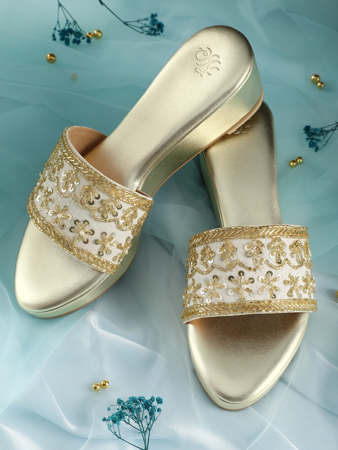 

House of Pataudi Embellished Comfort Heels, Gold