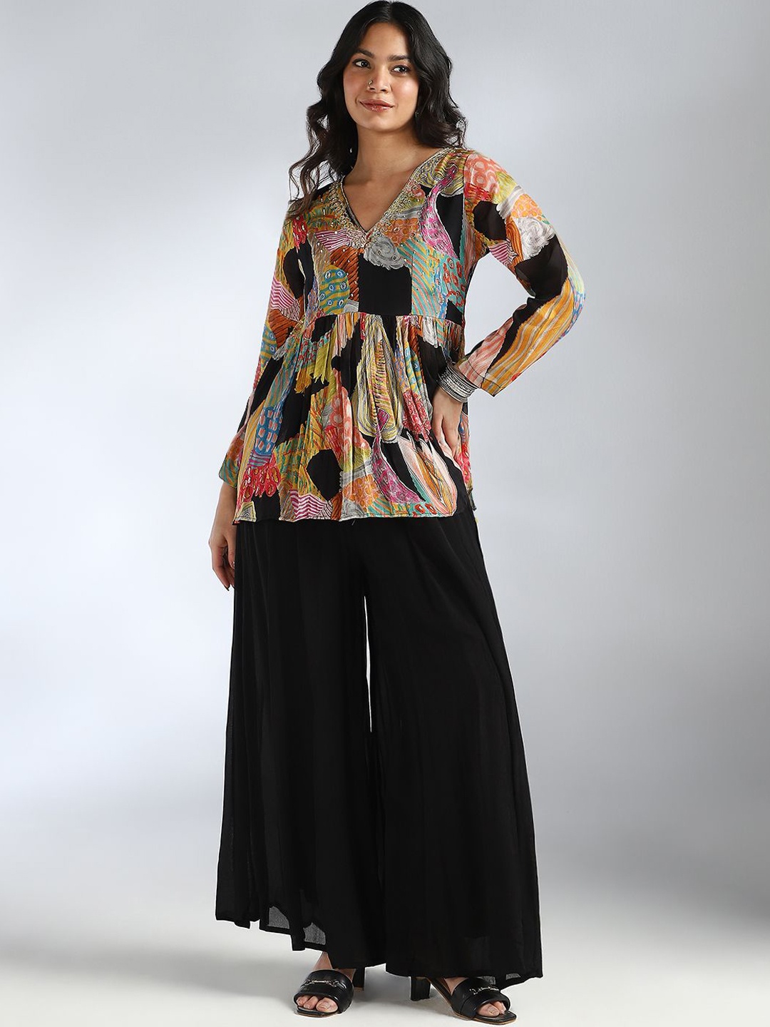 

House Of Dharaa Women Printed Pleated Kurti with Palazzos, Black