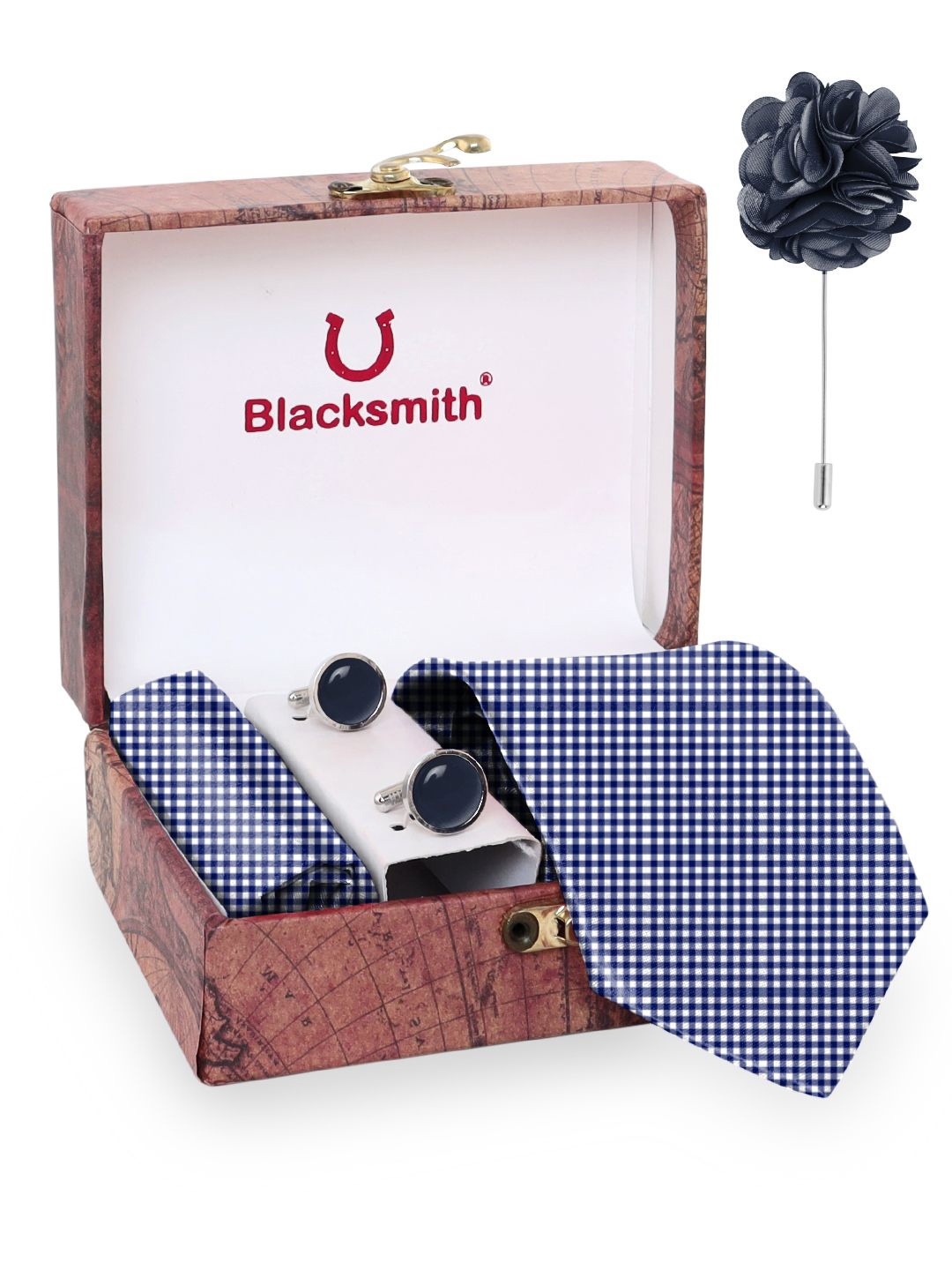 

Blacksmith Men Tie, Cufflinks, Pocket Square Accessory Gift Set, Blue