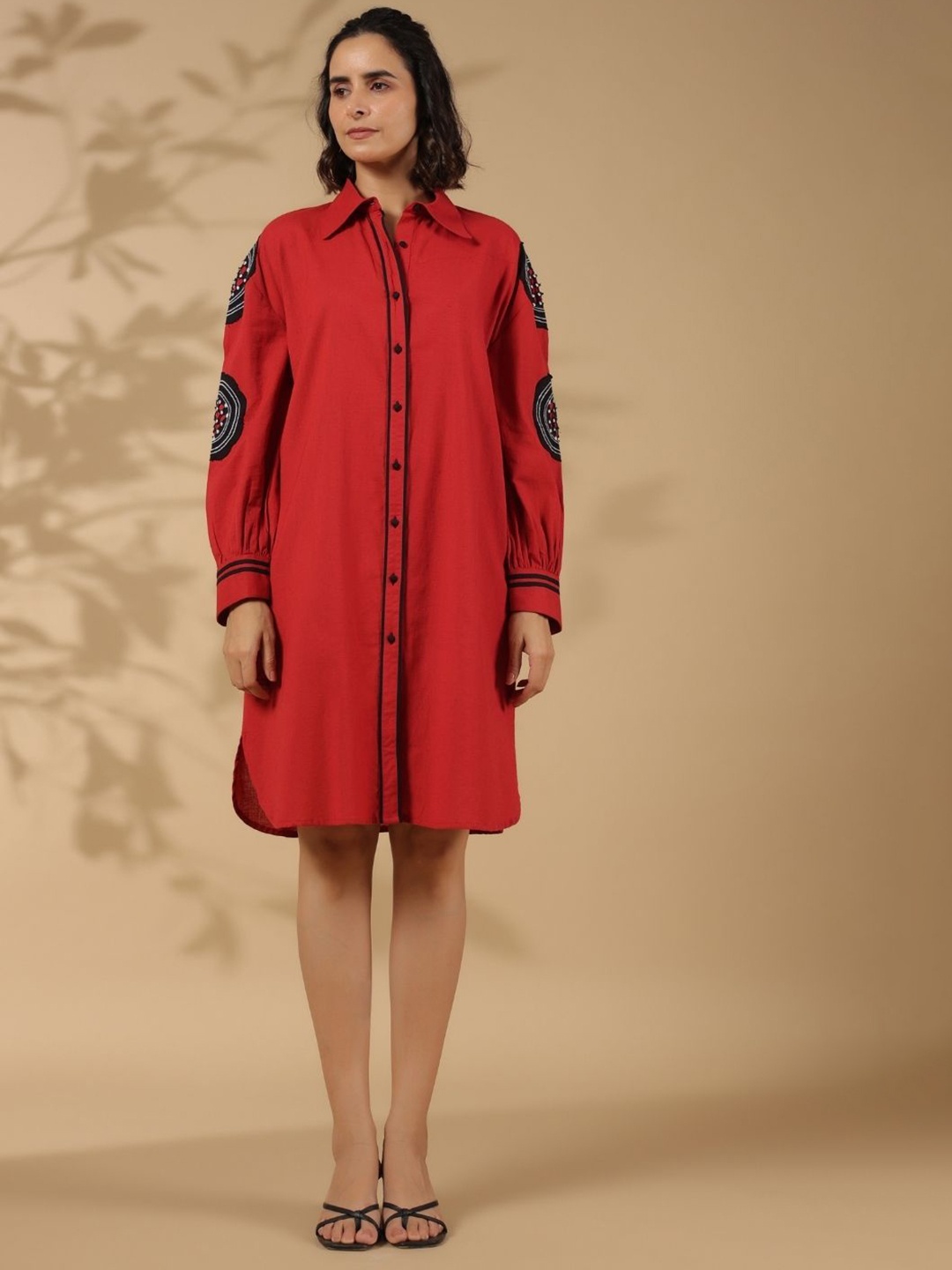 

Kaftanize Women Cotton Self Design A-Line Shirt Dress, Red