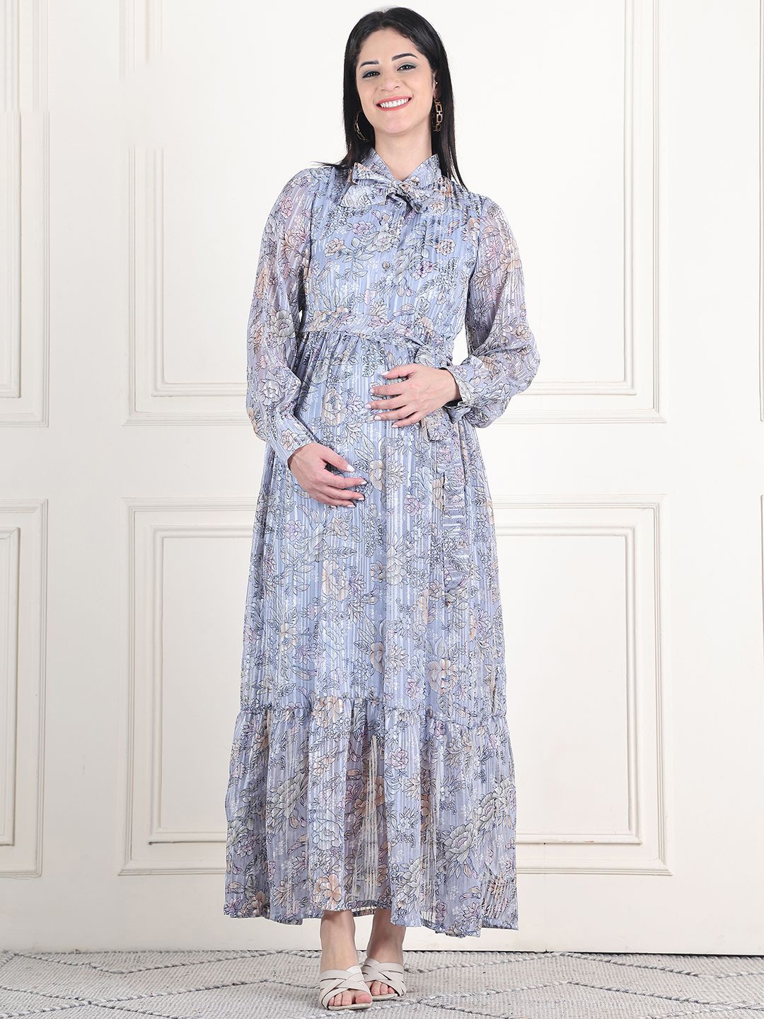 

Moms Maternity Women Floral Printed Maternity Maxi Dress, Blue