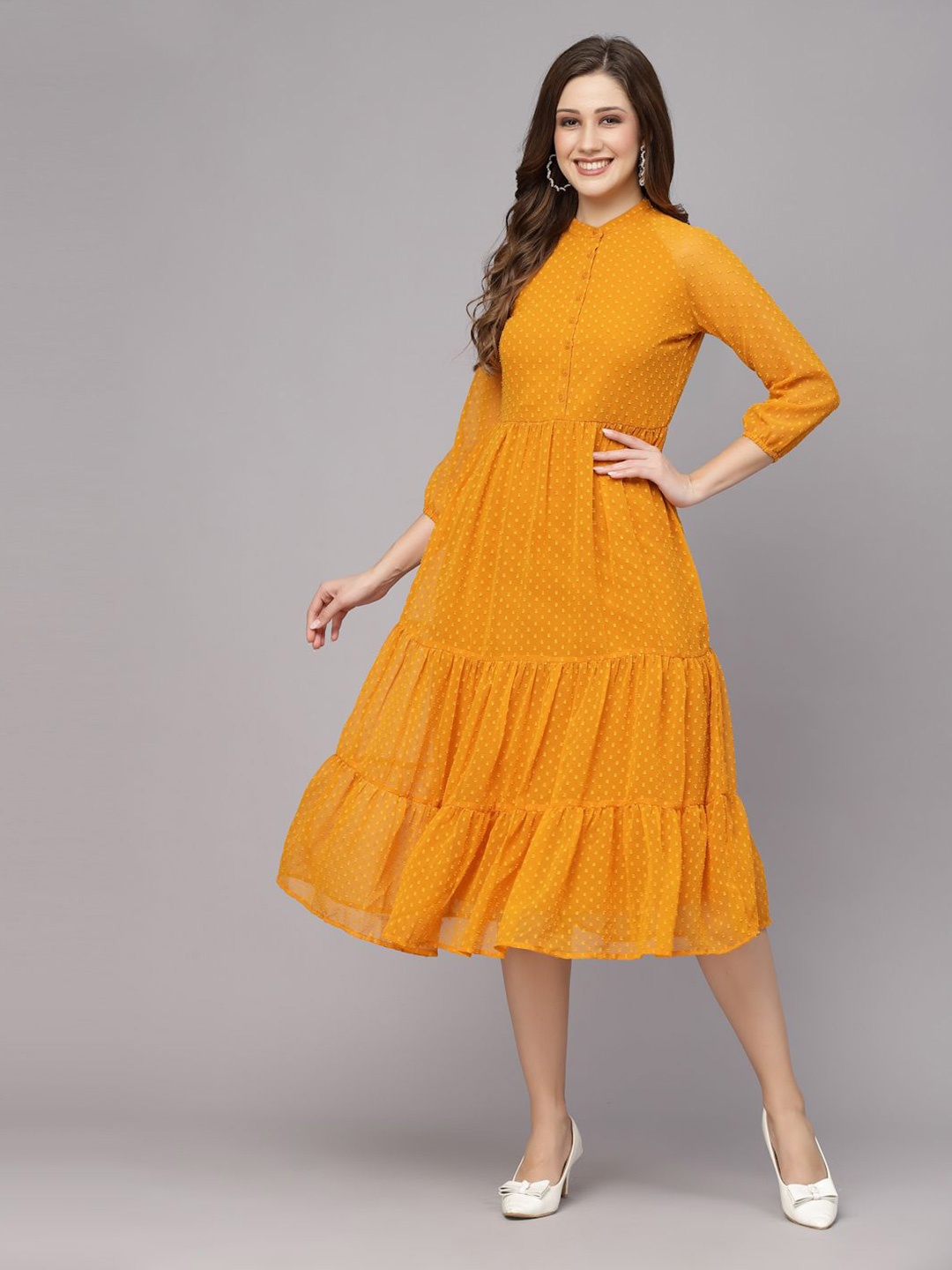 

BAESD Women Self Design Fit & Flare Midi Dress, Mustard