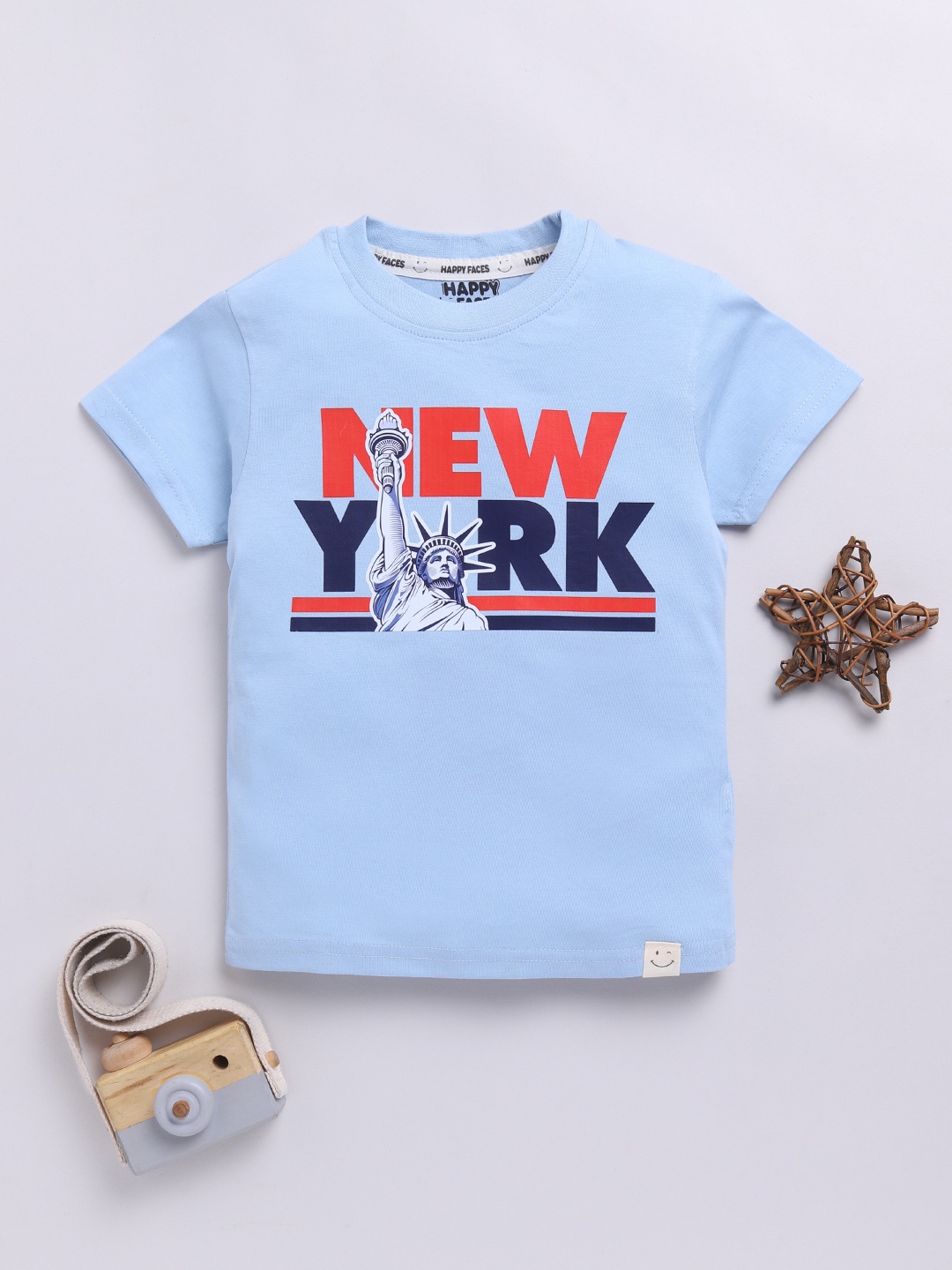 

Happy Faces Boys Pure Cotton Typography Printed T-shirt, Blue