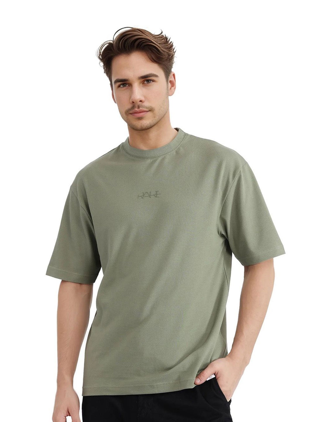 

RARE RABBIT Men Typography Printed Round Neck Cotton Oversized T-shirt, Green