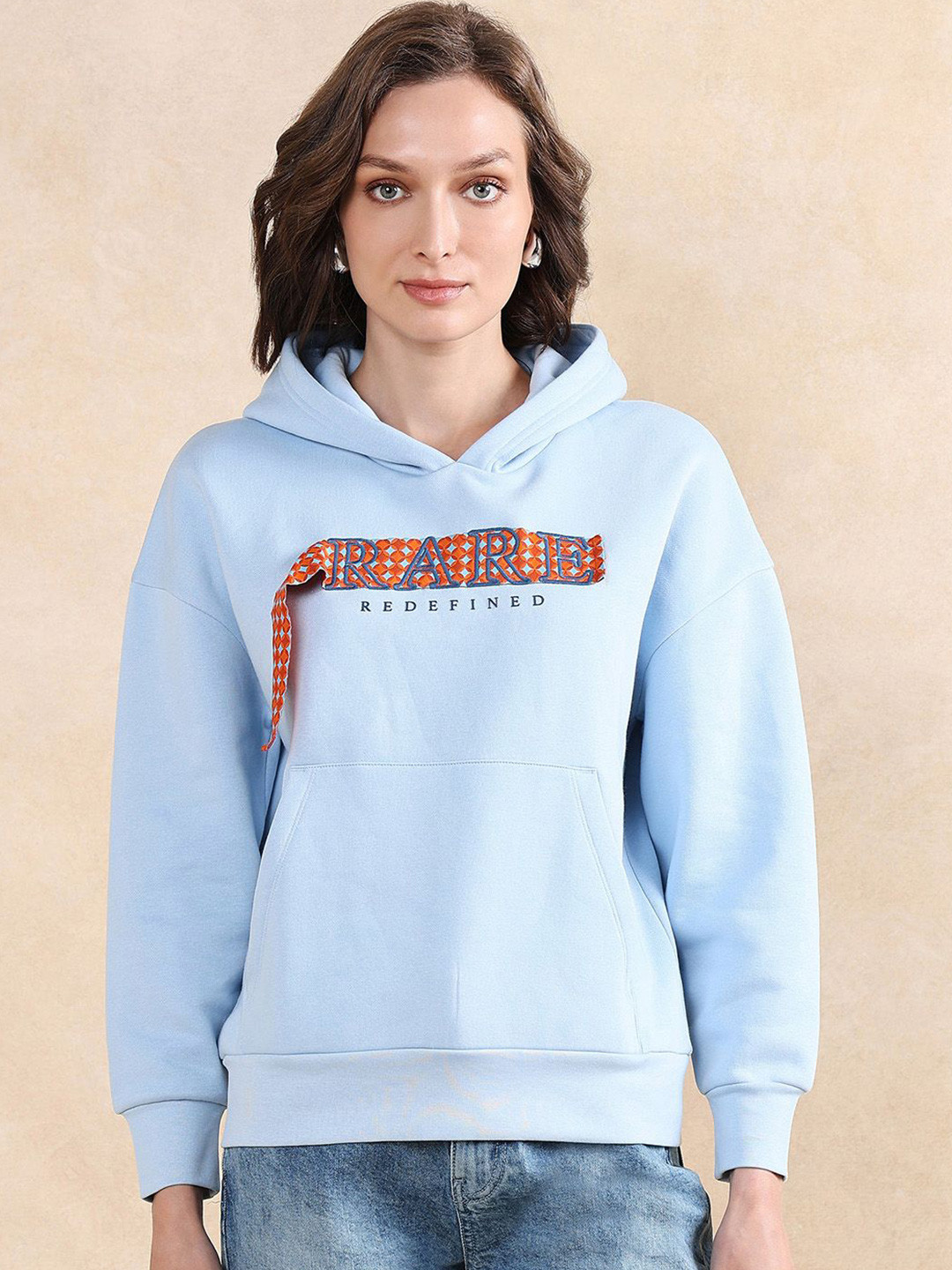 

RAREISM Women Cotton Typography Printed Hooded Pullover Sweatshirt, Blue