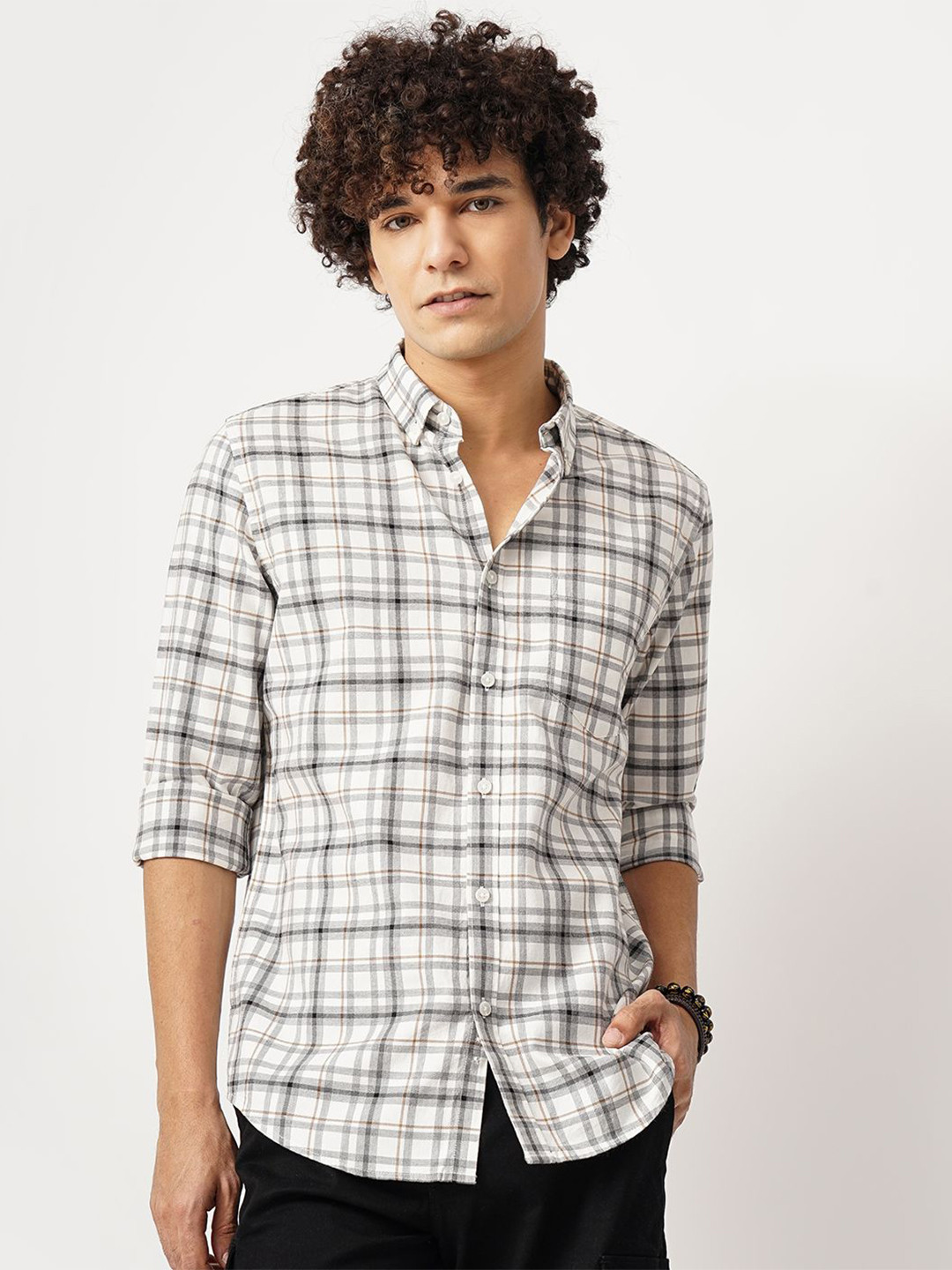 

British Club Men Comfort Button-Down Collar Tartan Checked Cotton Casual Shirt, White