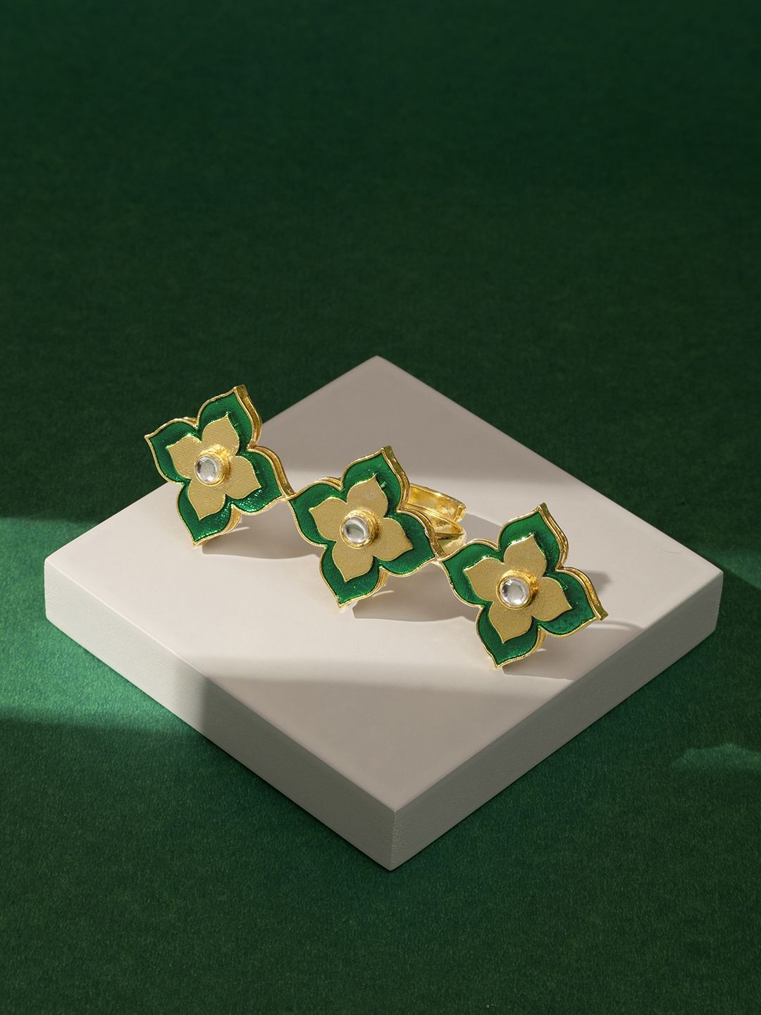

TEEJH Set Of 3 Gold-Plated Stones-Studded Finger Ring