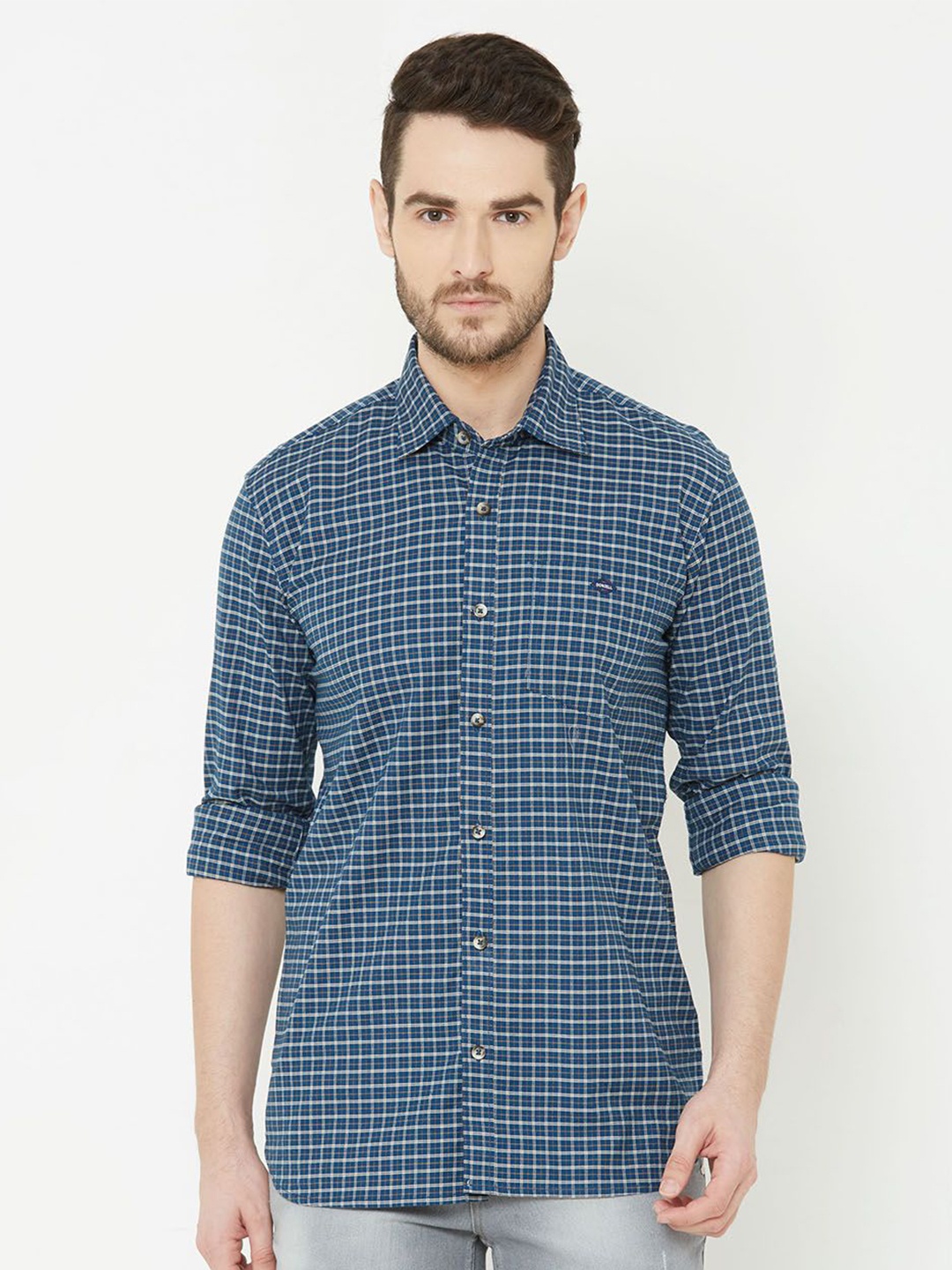 

Khatuji706 Men Comfort Spread Collar Checked Cotton Casual Shirt, Blue