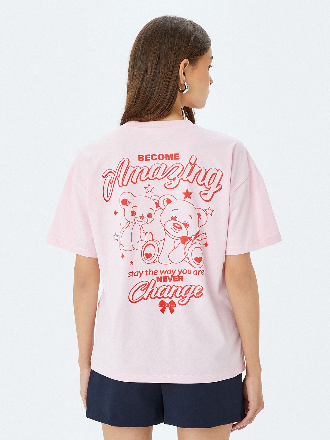 

Koton Women Graphic Printed Round Neck Cotton Oversized T-shirt, Pink