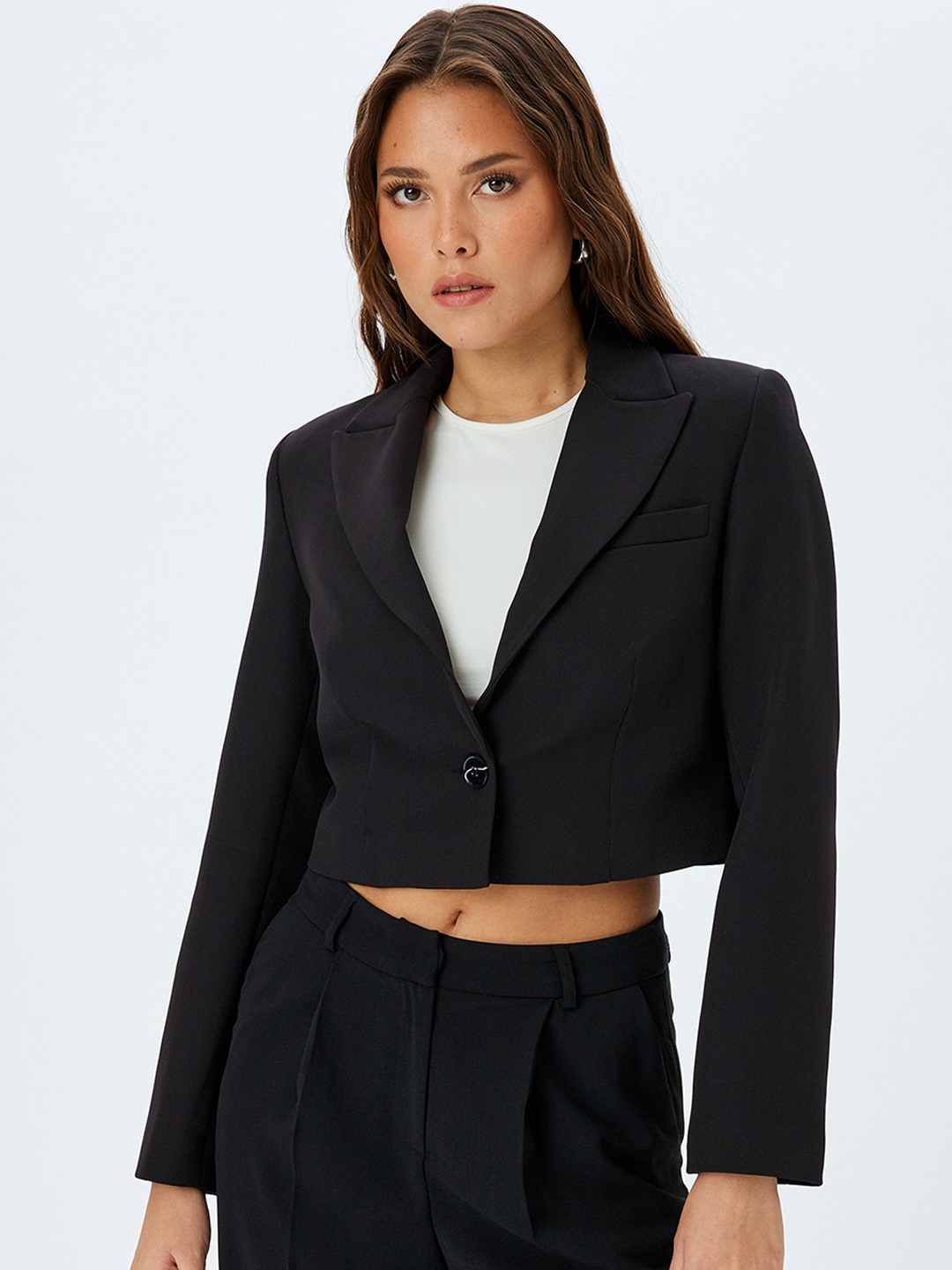 

Koton Women Colourblocked Longline Tailored Jacket with Patchwork, Black