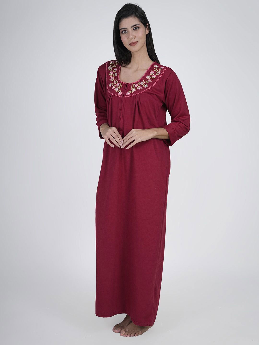 

Aartej Women Embroidered Maxi Nightdress, Maroon