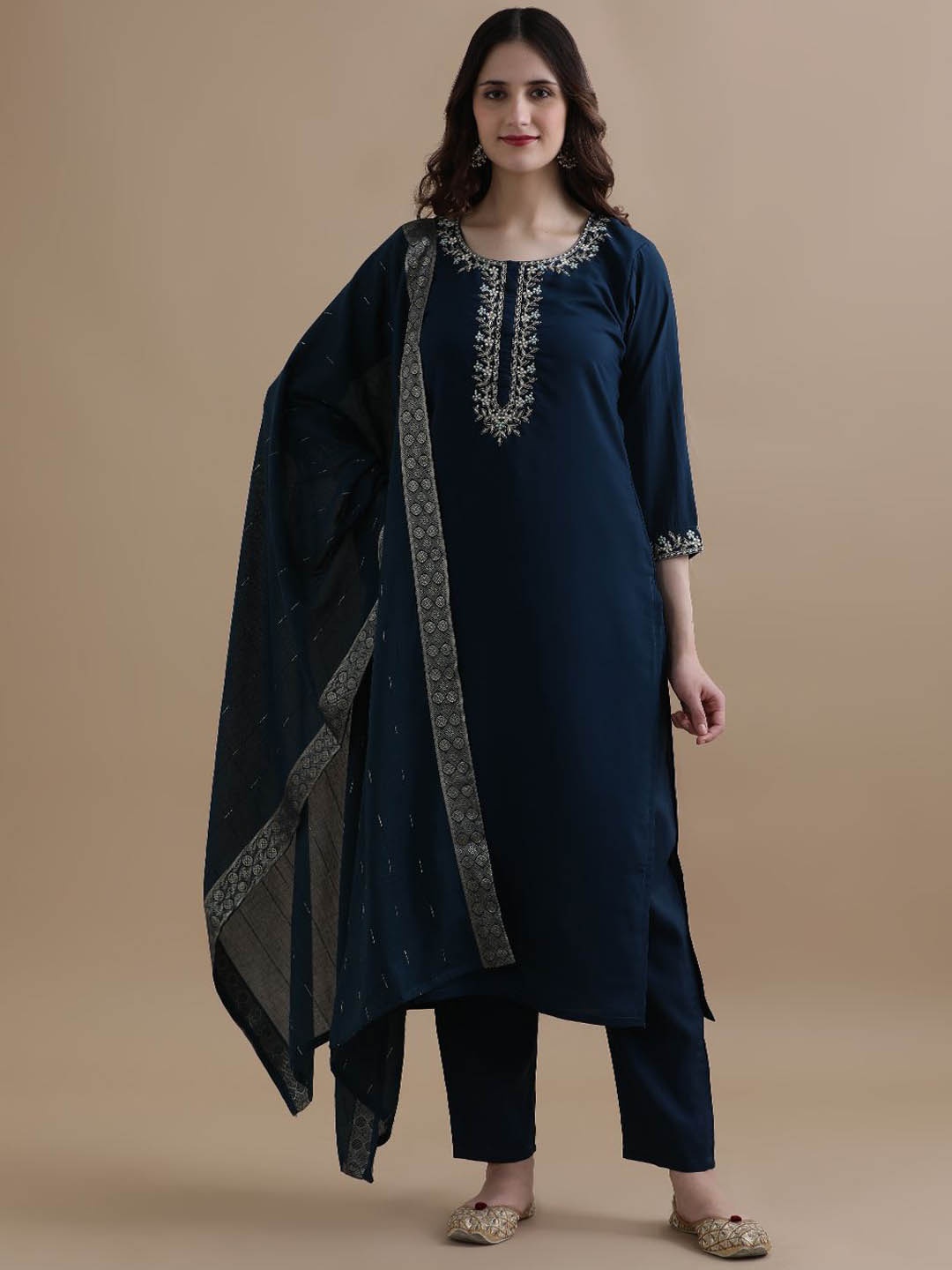 

Jaipur Kurti Women Ethnic Motifs Embroidered Regular Chanderi Cotton Kurta with Trousers & With Dupatta, Navy blue