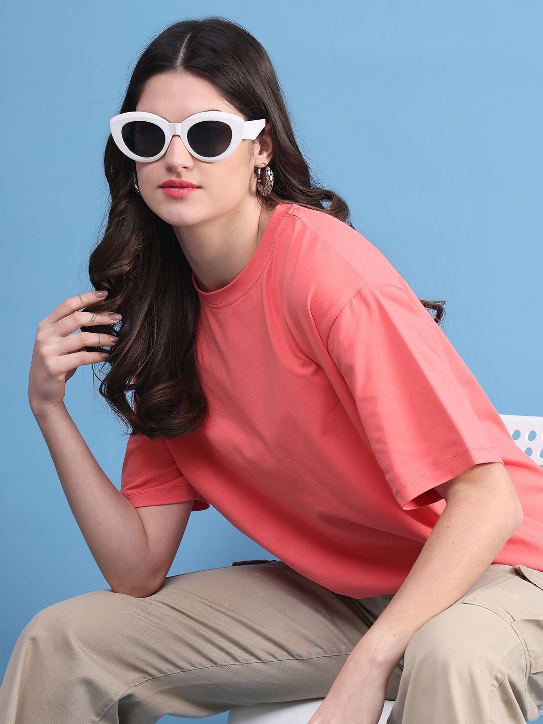 

DOOR74 Women Drop-Shoulder Sleeves T-shirt, Pink