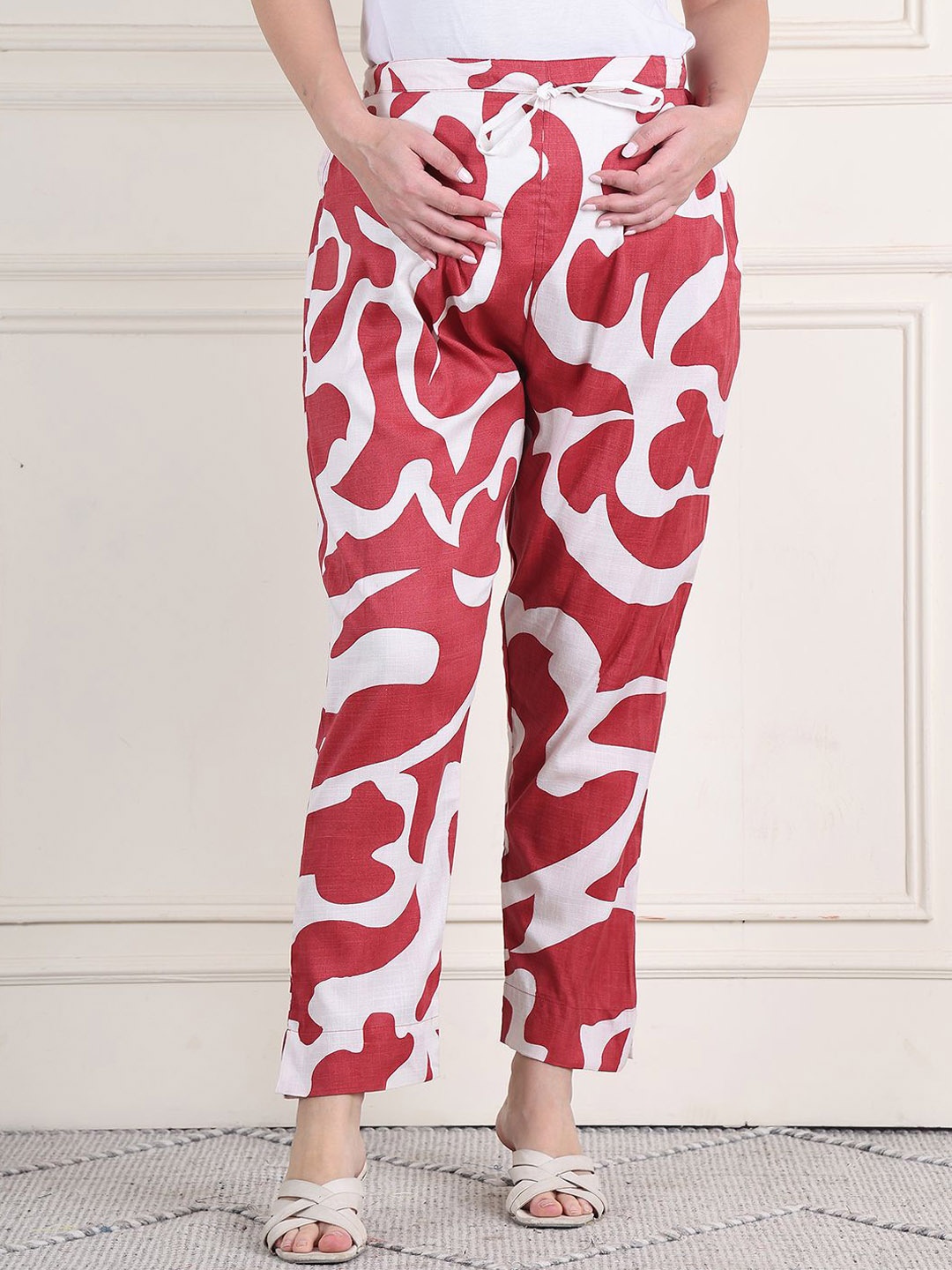 

Moms Maternity Women Comfort Printed Maternity Cotton Trousers, Maroon