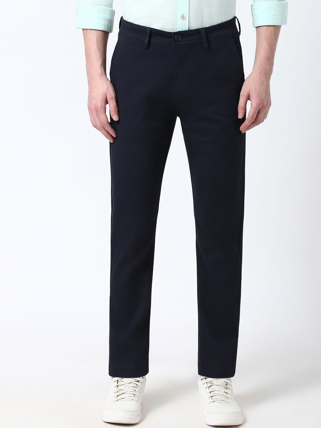 

Peter England Casuals Men Slim Fit Cotton Regular Trousers, Navy blue