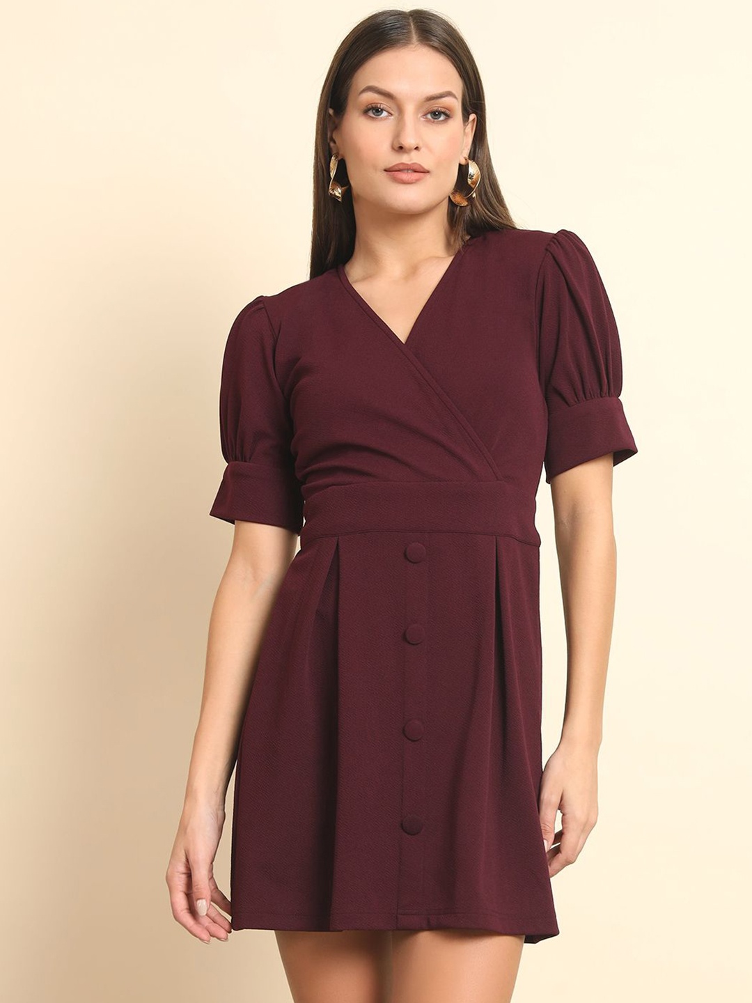 

BAESD Women Accordion Pleats Mini Wrap Dress, Burgundy