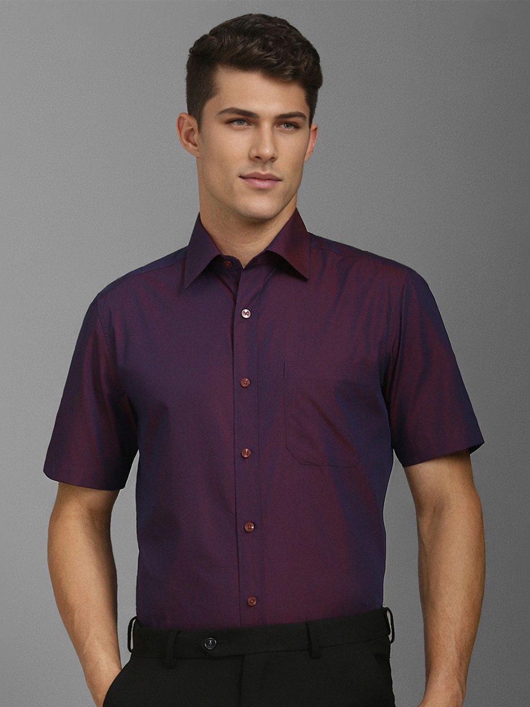 

Louis Philippe Men Classic Spread Collar Solid Cotton Formal Shirt, Purple