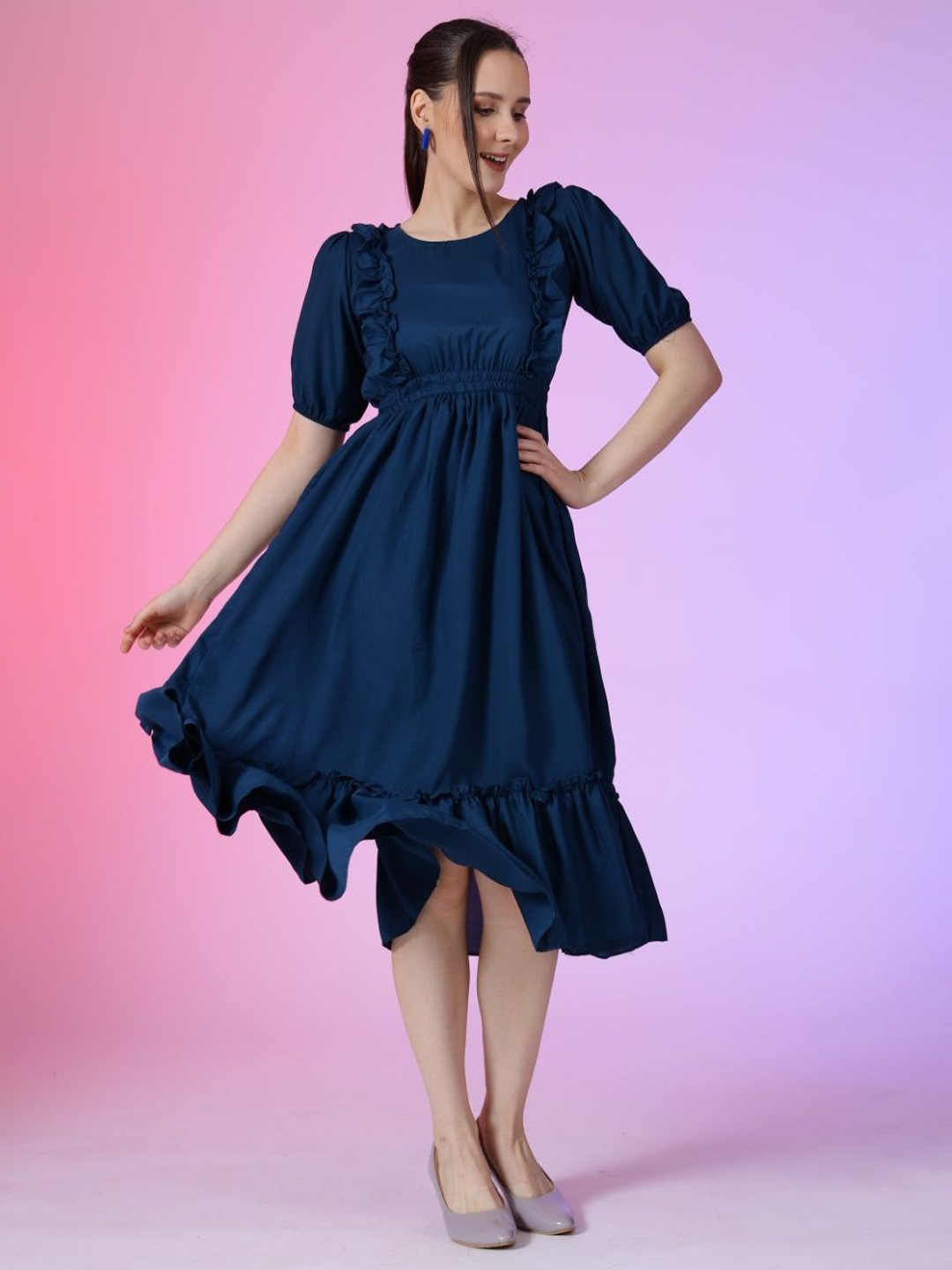 

Femvy Women Puff Sleeves Fit & Flare Dress With Ruffles, Blue