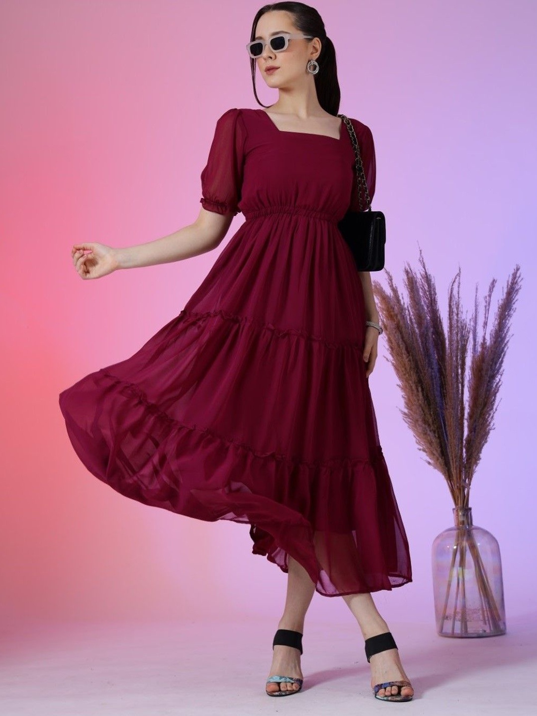 

Raiyani Enterprise Women Puff Sleeve Fit & Flare Maxi Dress, Magenta