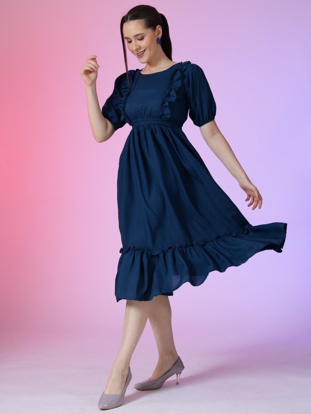 

Raiyani Enterprise Round Neck Fit & Flare Dress, Navy blue