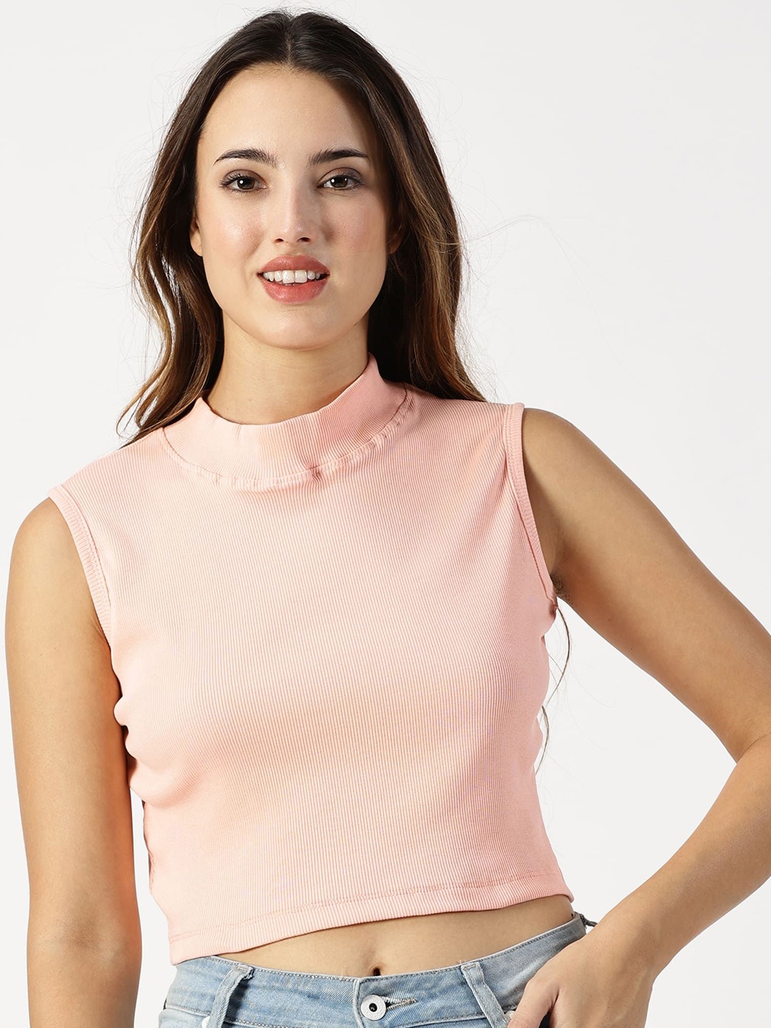 

RAVINIK Women High Neck Sleeveless Fitted Crop Top, Pink
